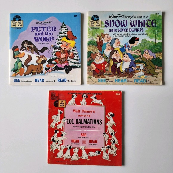 Disney Other - 3 DISNEYLAND Record & Book Snow White 101 Dalmatians Peter Wolf Vintage Disney‎
